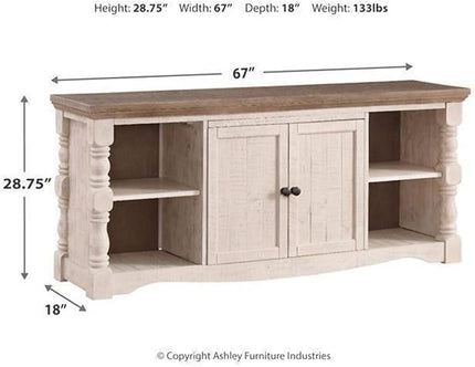 Signature Design by Ashley Havalance Farmhouse TV Stand Fits TVs up to 65", 2 Door Cabinet and Shelves For Storage, Vintage White & Weathered Gray - LeafyLoom