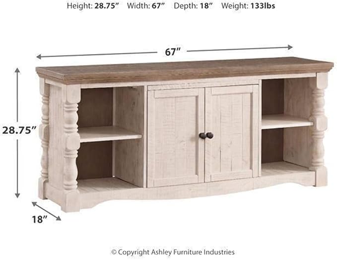 Signature Design by Ashley Havalance Farmhouse TV Stand Fits TVs up to 65", 2 Door Cabinet and Shelves For Storage, Vintage White & Weathered Gray - LeafyLoom
