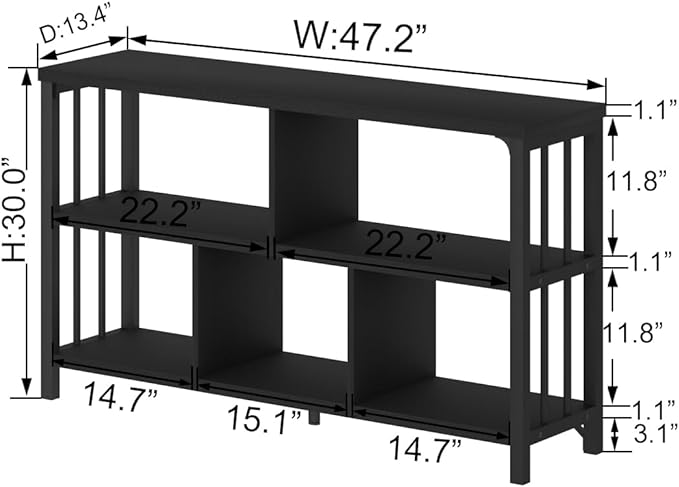 IBF Horizontal Cube Book shelf, Industrial Modern Open Bookshelf, Low Wide Home 5 Cube Storage Organizer Long Shelf for Bedroom, Short Wood and Metal Cubby Book Shelf for Living Room, Black Oak, 47 In - LeafyLoom