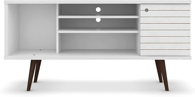 Manhattan Comfort Liberty Mid Century Modern TV Stand for Televisions up to 50 Inches, Bedroom and Living Room Entertainment Center with Storage, Shelves, and Cabinet, 53" Wide, White - LeafyLoom