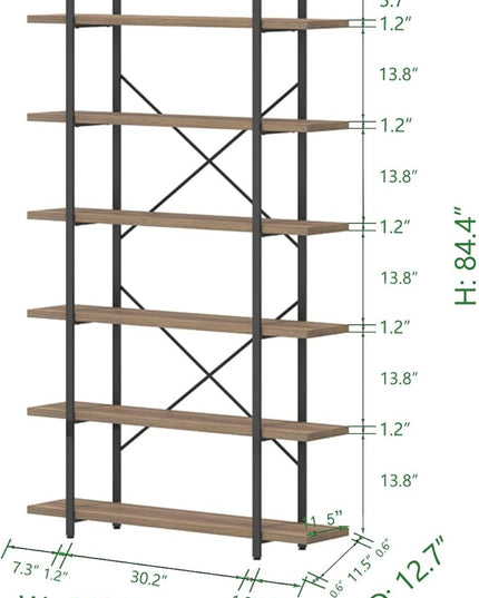 HSH Tall Bookcases and Book Shelves 6 Shelf, Metal Wooden Book Shelf and Storage Rack, Modern Etagere 6 Tier Bookshelf, Farmhouse Large Display Bookshelves for Bedroom Living Room Office, Rustic Oak - LeafyLoom