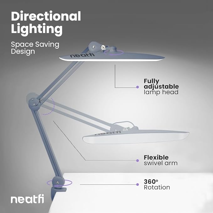 Neatfi XL 2,200 Lumens LED Task Lamp, 24W Super Bright Desk Lamp, 117 Pcs SMD LED, 4 Level Brightness, Dimmable, Task LED Light for Home, Office, Workbench (Non-CCT, Gray) - LeafyLoom