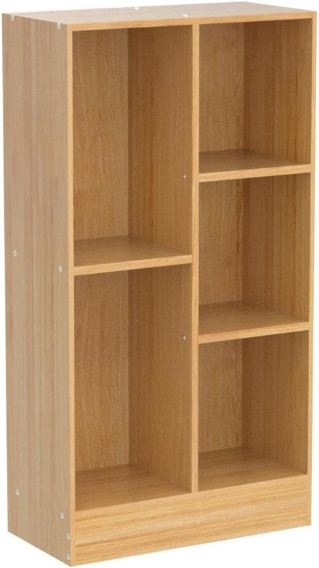 LEYAOYAO 5 Cube Mid-Century Modern Natural Wood Bookshelf with Base, 3 Tier Storage Organizer Shelf, Rustic Wood Display Cabinet for Bedroom, Living Room, Office - LeafyLoom