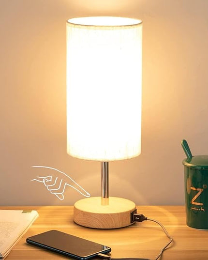 Yarra-Decor Bedside Table Lamp with USB Port - Touch Control for Bedroom Wood 3 Way Dimmable Nightstand Lamp with Round Flaxen Fabric Shade for Living Room, Dorm, Home Office (LED Bulb Included) - LeafyLoom