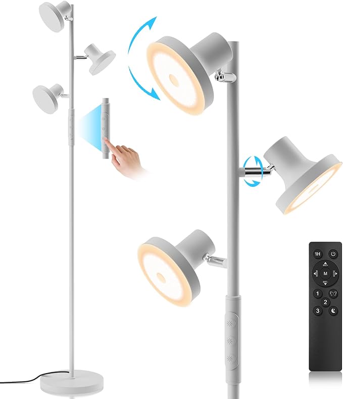36W Silver Gray Floor Lamp, Super Bright LED Standing Lamp with Remote Control, 4 Color Temperatures, 3 Rotatable LED Lights, Dimmable Tree Floor Lamps for Living Room, Bedroom, Office - LeafyLoom