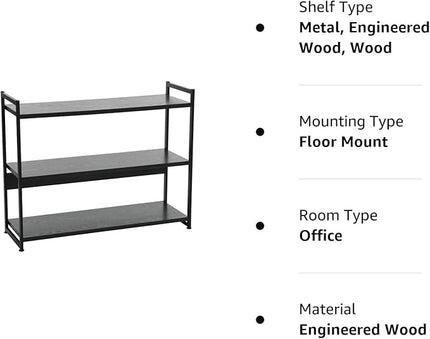 Household Essentials 3 Tier Wide Book Shelf, Medium, Black Oak Finish - LeafyLoom