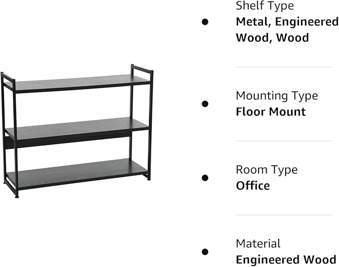 Household Essentials 3 Tier Wide Book Shelf, Medium, Black Oak Finish - LeafyLoom