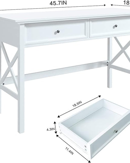 White Computer Desk with 2 Drawers, Modern Makeup Vanity Desk with Storage, Writing Desk for Home Office, 42'' Long Study Simple White Desk for Bedroom Console Table Living Room - LeafyLoom