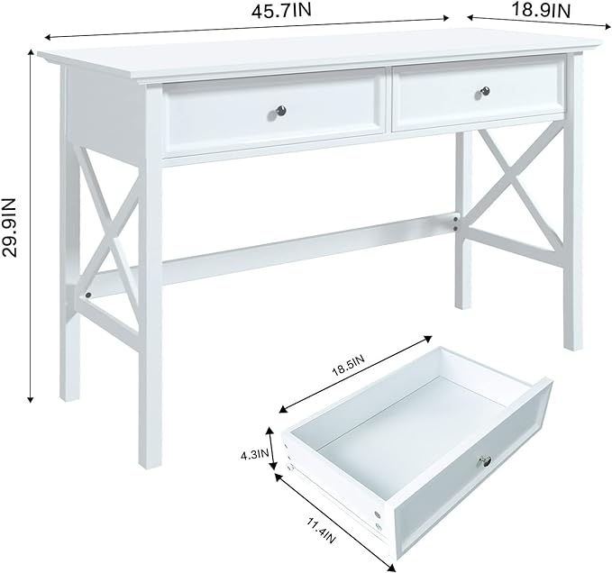 White Computer Desk with 2 Drawers, Modern Makeup Vanity Desk with Storage, Writing Desk for Home Office, 42'' Long Study Simple White Desk for Bedroom Console Table Living Room - LeafyLoom