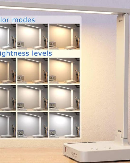 cozoo LED Desk Lamp with USB Charging Ports and Type C Port,2 AC Outlets,9 Lighting Modes,Touch/Memory/Timer Function,10W Eye Protection Foldable Reading Light,Study Lamp,Dorm Essentials Desk Light - LeafyLoom