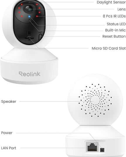 REOLINK Indoor Security Camera, 2.4/5 GHz WiFi, 5MP 360 Degree Pet Camera with Auto Tracking, Person/Pet Detection, Local Storage, 2 Way Talk, Ideal for Baby/Dog Monitor, Plug-in, E1 Pro 2 Pack (New) REOLINK