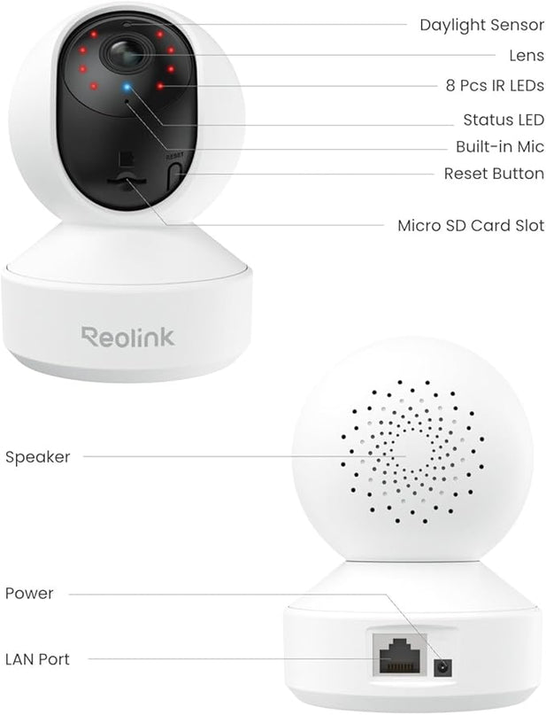 REOLINK Indoor Security Camera, 2.4/5 GHz WiFi, 5MP 360 Degree Pet Camera with Auto Tracking, Person/Pet Detection, Local Storage, 2 Way Talk, Ideal for Baby/Dog Monitor, Plug-in, E1 Pro 2 Pack (New) REOLINK