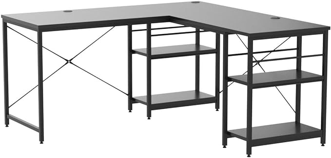 Bestier 95.2” L Shaped Desk, Reversible Corner Computer Desk or 2 Person Long Table with Adjustable Shelves, Large Writing Study Workstation with 3 Cable Holes - Black - LeafyLoom