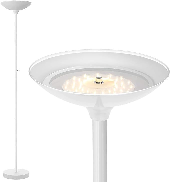 BoostArea Torchiere Floor Lamp, 24W Super Bright LED Standing Lamp, 3000K Stepless Dimmable Pole Lamp with Rotary Switch, 70 Inch Tall Metal Modern White Floor lamp for Living Room/Bedroom/Office/Den - LeafyLoom