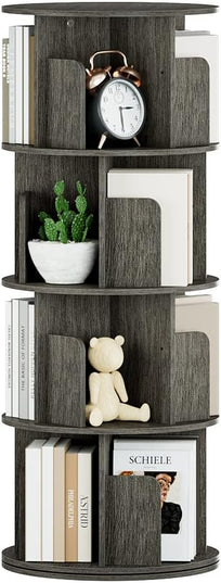 OTK Rotating Bookshelf, 360° Display Standing Book Shelf Organizer, 4 Tier Wooden Corner Bookshelves for Small Space, Small Bookcase Storage Rack for Kids' Room, StudyRoom, Bedroom, Black Oak - LeafyLoom