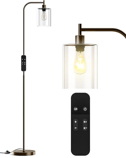 PAZZO LED Floor Lamp, Industrial Standing Lamp with Glass Lampshade, Ideal for Living Room, Bedroom, and Office,Brown(includes Remote Control) - LeafyLoom
