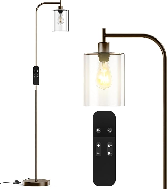 PAZZO LED Floor Lamp, Industrial Standing Lamp with Glass Lampshade, Ideal for Living Room, Bedroom, and Office,Brown(includes Remote Control) - LeafyLoom