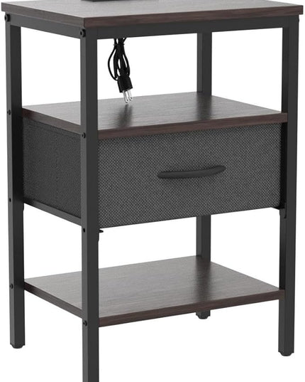SUPERJARE Nightstand Set of 2, Bed Side Tables with Charging Station, Adjustable Fabric Drawer, Night Stand for Bedroom, 3-Tier Storage End Tables, Walnut - LeafyLoom