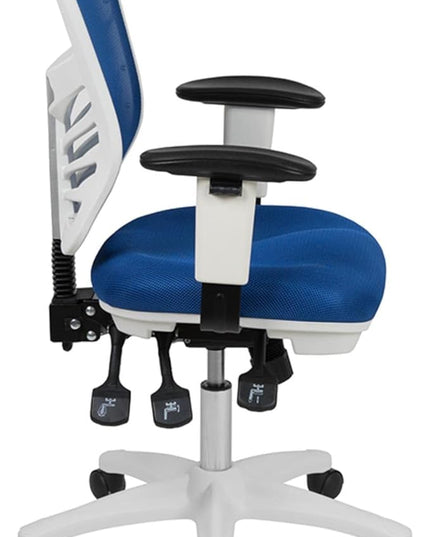 Flash Furniture Nicholas Mid-Back Blue Mesh Multifunction Executive Swivel Ergonomic Office Chair with Adjustable Arms and White Frame - LeafyLoom