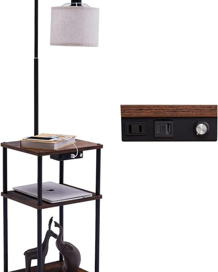 Floor Lamp with Table, Lamps for Living Room with Charging Station(USB &Type-C &AC Port), Rustic End Table Lamp with Shelves & 3-Color Temperature LED Bulb, Lamp Table for Living Room, Bedroom - LeafyLoom