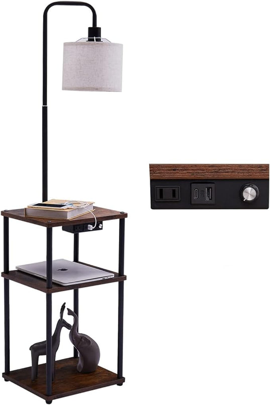 Floor Lamp with Table, Lamps for Living Room with Charging Station(USB &Type-C &AC Port), Rustic End Table Lamp with Shelves & 3-Color Temperature LED Bulb, Lamp Table for Living Room, Bedroom - LeafyLoom