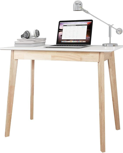TaoHFE White Vanity Desk with Solid Rubber Wood Legs Glossy White 39 Inch Vanity Table Computer Desk for Home Small Spaces Girl Makeup Desk Modern Vanity Desk No Mirror Dressing Table for Bedroom - LeafyLoom