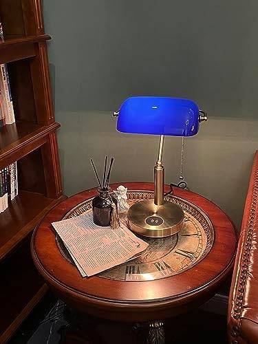 FIRVRE Bankers Lamp with2 USB and Wireless Charging Port，Pull Chain Switch Blue Glass Desk Lamp， E26 Base,Traditional Library Desk Lamps for Home Office,Bedroom,Piano - LeafyLoom