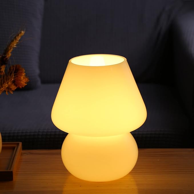 BSOD Mushroom lamp,Glass Mushroom Bedside Table Lamp Translucent Murano Vintage Style Striped Small Nightstand Desklamp Swirl Light for Home Decor, Dining, Living, Bedroom, Gift (Matte White) - LeafyLoom