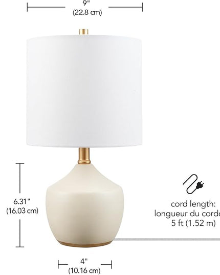 Globe Electric Novogratz x 61000042 Novogratz x Globe 16" Ceramic Table Lamp, Cream Finish, Concrete Textured Body, Brass Base, White Linen Shade, Brass Accents, On/Off Rotary Switch on Socket - LeafyLoom
