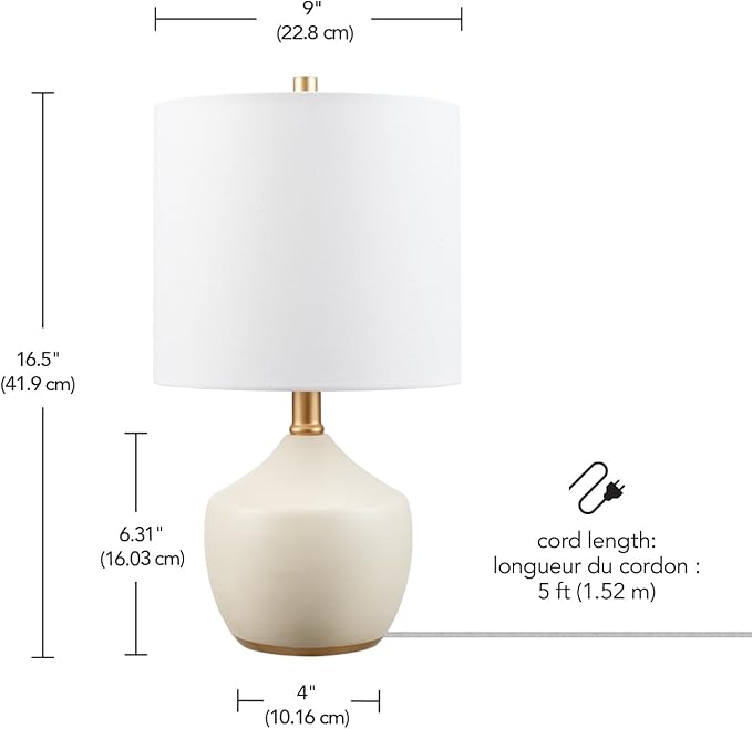 Globe Electric Novogratz x 61000042 Novogratz x Globe 16" Ceramic Table Lamp, Cream Finish, Concrete Textured Body, Brass Base, White Linen Shade, Brass Accents, On/Off Rotary Switch on Socket - LeafyLoom