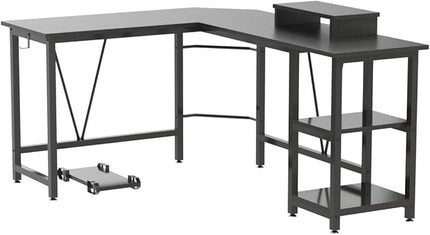 Computer desk, L-shaped Corner Desk with 2-Layer Storage,Large PC Laptop Table with Monitor Stand and CPU Stand,Gaming Desk Writing Table for Office Home (Black Carbon Fiber) - LeafyLoom