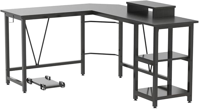 Computer desk, L-shaped Corner Desk with 2-Layer Storage,Large PC Laptop Table with Monitor Stand and CPU Stand,Gaming Desk Writing Table for Office Home (Black Carbon Fiber) - LeafyLoom