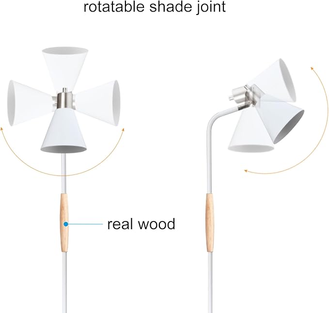 Height Adjustable Reading Floor Lamp,Industrial Modern Style,360°Rotatable Shade,White & Brushed Nickel Finsh, 3color Adjustable,for Living Room,Office,Bedroom Reading,Easel Work (White+Wood) - LeafyLoom