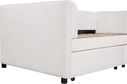 Velvet Twin Size Upholstered Daybed with Ergonomic Design Backrest & 2 Drawers, Sofa Bed w/Classic Striped Headboard for Bedroom, Living Room, Guest Room,No Box Spring Needed,Beige - LeafyLoom