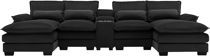 U Shaped Symmetrical Modular Sectional Sofa Cloud Couch with Double Chaise Lounge and Center Console,Cupholders and USB Ports, Deep Seat Upholstered Sleeper Corner Sofa&Couches for Living Room - LeafyLoom