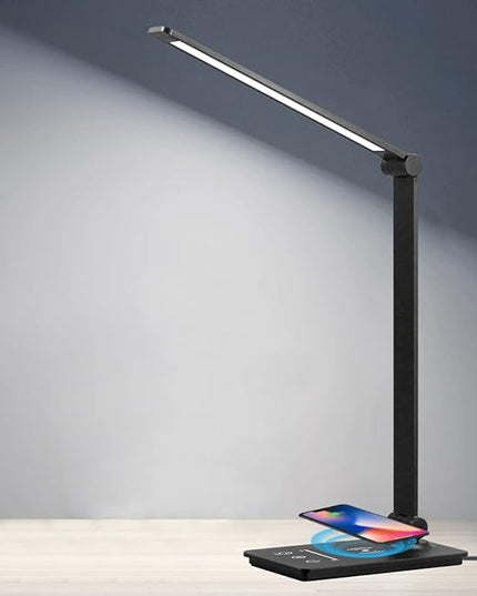 LED Desk Lamp with Wireless Charger, Desk Lamp for college dorm room with 5 Color Modes & Fully Dimming Function, Eye Caring Table Lamps for Study, Office Lamp with Adjustable Arm, Auto Timer 30/60min - LeafyLoom