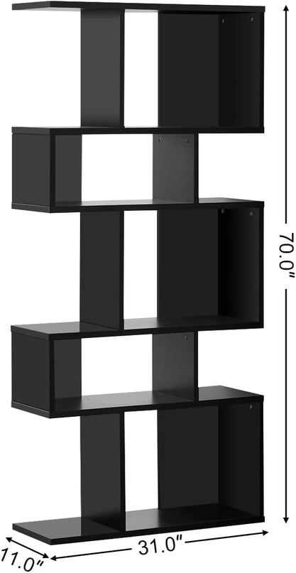 Giantex 5-Tier Geometric Bookshelf Black Set of 2, 70'' Tall Wood Freestanding Decorative Display Open Shelves with Anti-Tipping Device, Each Shelf Holds up to 44 lbs, Wooden S Shaped Bookcase - LeafyLoom