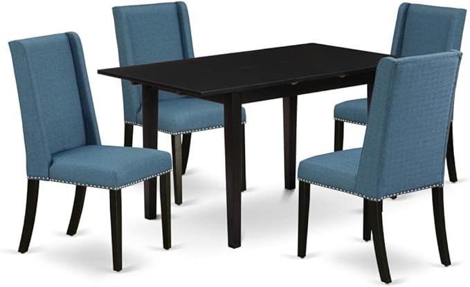 East West Furniture NOFL5-BLK-21 5 Piece Dinette Set for 4 includes a Rectangle Dining Room Table with Butterfly Leaf and 4 Blue Linen Fabric Upholstered Chairs, 32x54 Inch - LeafyLoom