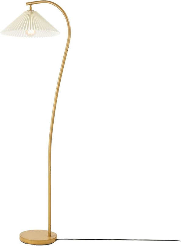 Globe Electric Novogratz x 61000043 Novogratz x Globe 62" Floor Lamp, Faux Wood Finish, White Pleated Fabric Shade, Pivot Joint on Shade, in -Line On/Off Foot Switch, Black Cord, Reading Lamp - LeafyLoom