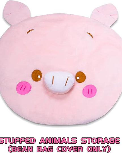 Stuffed Animal Storage Bean Bag Chair Cover for Kids Pink Pig Plush Bean Bag Chair for Girls Large Size Toy Organizer Cover Only Without Filling - LeafyLoom