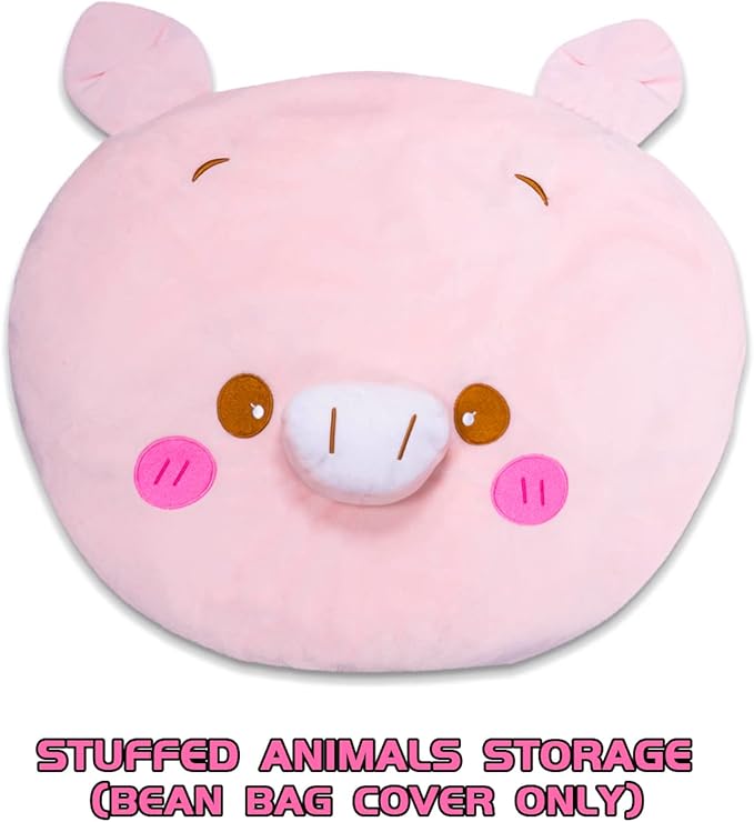 Stuffed Animal Storage Bean Bag Chair Cover for Kids Pink Pig Plush Bean Bag Chair for Girls Large Size Toy Organizer Cover Only Without Filling - LeafyLoom
