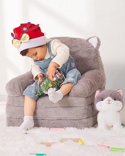 Kids Couch Fold Out Soft Toddler Chairs,Toddler Armrest Chair Bed for Play,Gift for 0-3 Years,Grey Kitty - LeafyLoom