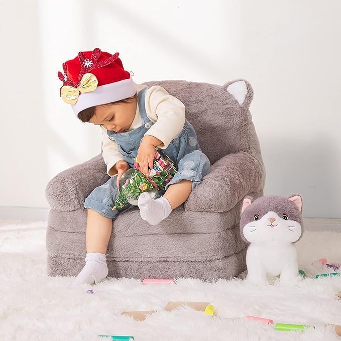 Kids Couch Fold Out Soft Toddler Chairs,Toddler Armrest Chair Bed for Play,Gift for 0-3 Years,Grey Kitty - LeafyLoom