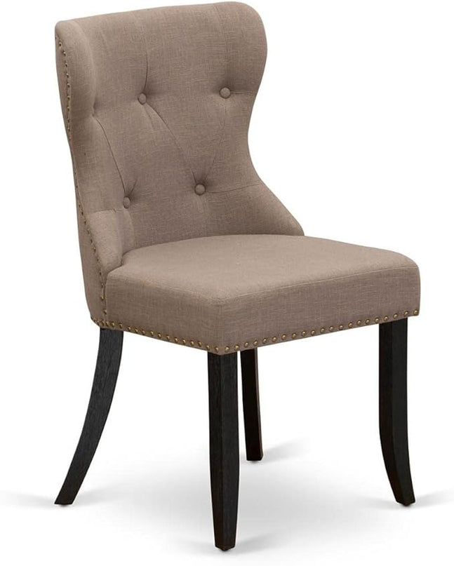 East West Furniture SIP6T48 Sion Parson Dining Room Button Tufted Nailhead Trim Coffee Linen Fabric Padded Chairs, Set of 2, Wirebrushed Black - LeafyLoom