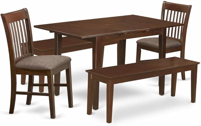 East West Furniture NOFK5C-MAH-C 5 Piece Set Includes a Rectangle Kitchen Table with Butterfly Leaf and 2 Linen Fabric Dining Chairs with 2 Benches, 32x54 Inch - LeafyLoom