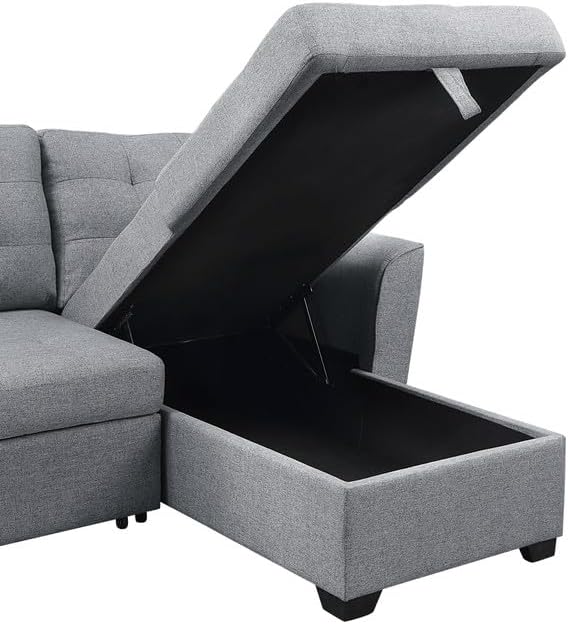 90.5" L Shaped Sectional Sleeper Sofa with Reversible Storage Chaise, Linen Couch Pull Out Bed for Living Room, Small Space, Apartment, Light Gray - LeafyLoom