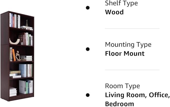 5 Shelf Wood Bookcase Freestanding Book Case Adjustable Layers Bookshelf for Home Office Small Narrow Space (Mahogany, 5-Layers,24.4W x 11.6D x 68.9H inch) - LeafyLoom