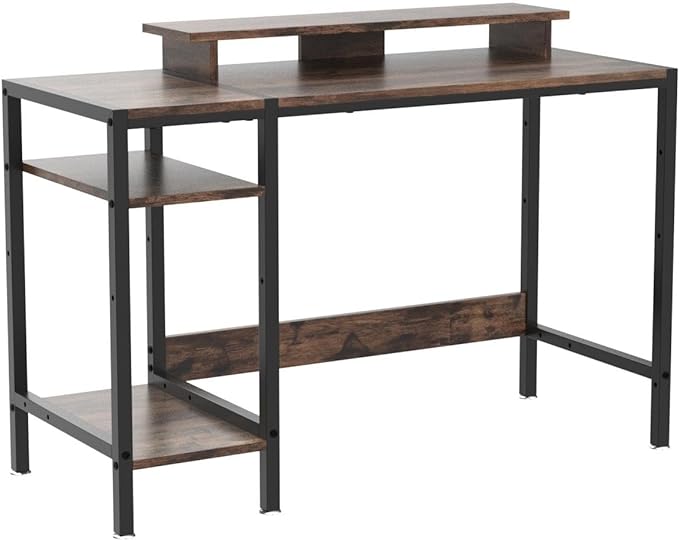 Gaming/Computer Desk - 47” Home Office Small Desk with Monitor Stand, Rustic Writing Desk for 2 Monitors, Adjustable Storage Space, Modern Design Corner Table. - LeafyLoom