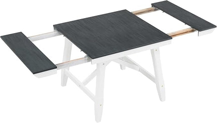 Classic Dining Table Set for 6 with 78' Extendable Rectangular Tabletop with Two 12" W Removable Leaves and 4 Upholstered Chairs & 1 Bench for Kitchen Living Room, Gray+White - LeafyLoom