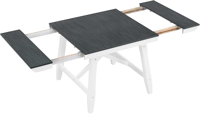 Classic Dining Table Set for 6 with 78' Extendable Rectangular Tabletop with Two 12" W Removable Leaves and 4 Upholstered Chairs & 1 Bench for Kitchen Living Room, Gray+White - LeafyLoom